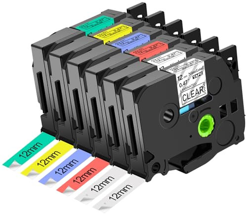 NineLeaf 6er-Pack 12mm Kompatible für Brother P-Touch Bänder TZE 12mm 0.47 TZe-131 TZe-231 TZe-431 TZe-531 TZe-631 TZe-731 AZE Mehrere Farben Schriftband für H105 H107B H100LB H108 D210 D400 1000 1280