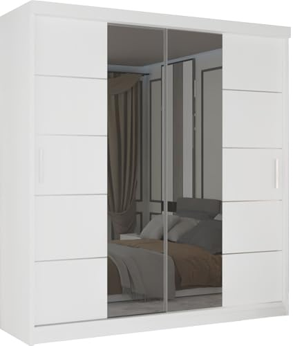 MN Furniture Modern Leads Sliding Door Wardrobe with Mirror & Customizable Interior | Bedroom Storage with Shelves & Rails | 120cm 150cm 180cm 203cm (White, 203cm)