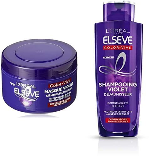 L'Oréal Paris - Elseve Color-Vive - 250ml Masque Violet Déjaunisseur Intense pour Cheveux Décolorés/Eclaircis & Shampooing - Pour Cheveux Blonds ou Blancs - 200 ml