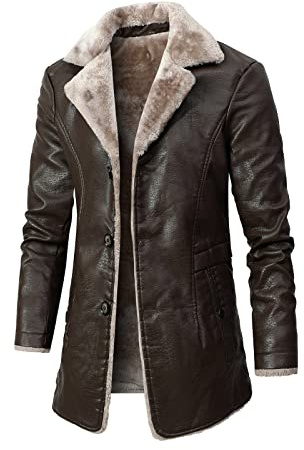 Générique Manteau Homme Hiver Long Chaud Veste Cuir Homme Vintage Slim Fit Business Parka Trench Coat Caban Col Fourrure Couleur Unie Manche Longue Blousons Duffle Coat Hiver Jacke (Marron, XXL)