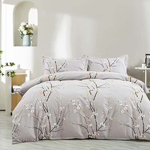 Nyescasa Bettwäsche 135x200 4 Teilig Grau Blumen Botanisch Muster Bettwäsche-Set Blume Zweig Design Wendebettwäsche Weiche Mikrofaser 2 Bettbezug mit Reißverschluss und 2 Kissenbezug 80x80cm