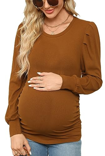 Onedreamer Women's Maternity Shirts Puff Sleeve Round Neck Maternity Top Casual Side Ruched Pregnancy Clothes