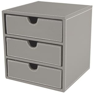 Osco Faux Leather 3-Drawer Desktop Storage Cube, Compact Desk Organiser, Stationery & Makeup Drawer Chest for Home Office, Jewellery, Small Items, Grey