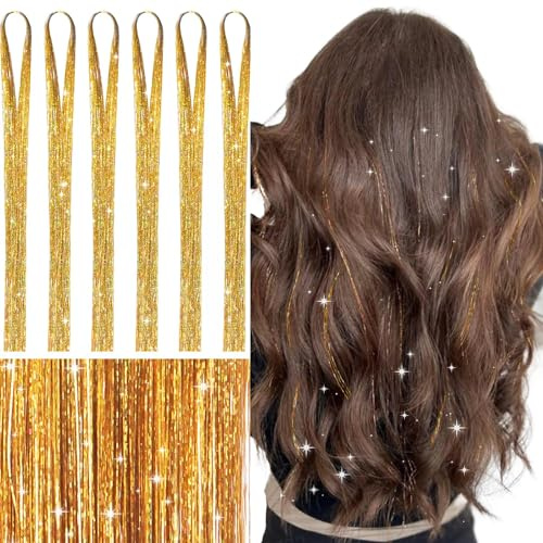 WENNALIFE Hårglitter för flickor, Guld Fe-kit 1 200 strängar 6 st 122 cm värmebeständigt glitter hårförlängningskit julängel för gnistrande strängar