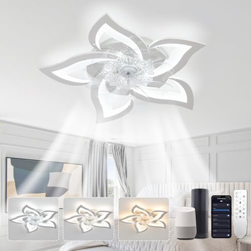 YUNLONG Plafonnier Ventilateur de Plafond Compatible avec Alexa et Google Assistant, Ventilateur Plafond avec Lumiere Silencieux, Moteur DC Eté Hiver, Dimmable, Fonction Mémoire, pour Chambre, Chrome