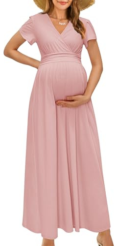 OUGES Vestido Largo de Maternidad con Cuello en V Cruzado para Baby Shower, Vestidos de Embarazo para sesión de Fotos, Manga Corta Rosa, XL