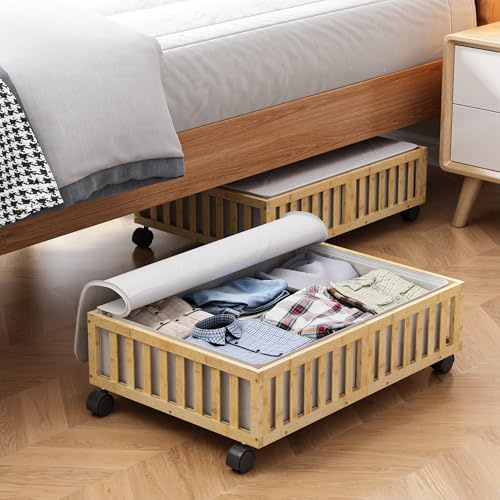MHXW SXPN Lot de 2 boîtes de rangement à roulettes en bambou avec roulettes pour chaussures sous le lit, tiroirs à roulettes sous le lit avec sac de rangement pour chambre à coucher, draps, vêtements