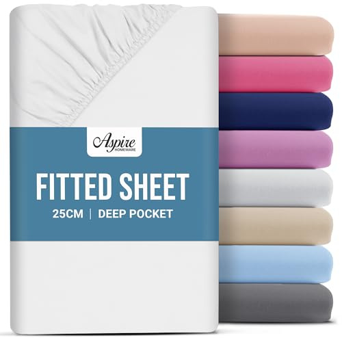Aspire Homeware Super King Fitted Sheet - 25 cm Deep Hotel Quality (White) Bed Sheets - Soft & Breathable Superking Fitted Sheet - Anti-Wrinkle Easy Care Fitted Sheets
