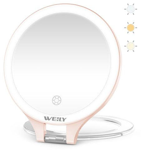 WEILY 10X/1X Magnifying Makeup Mirror with Light, Double Sided Tabletop Portable Vanity Mirror, 3 Color Adjustable Lights, Cosmetic Mirror with Lights for Makeup/Travel