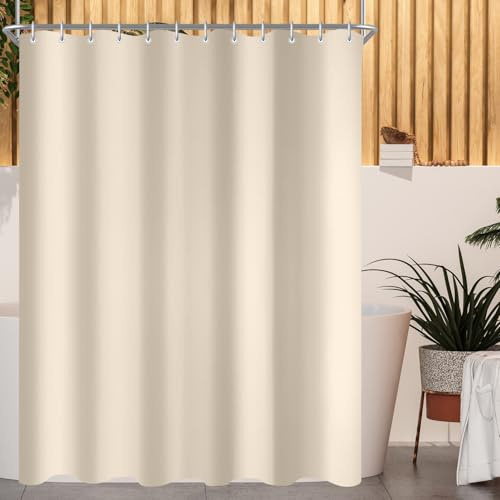 Lerores Duschvorhang 220x200 cm Beige, Beschwerter Saum Antischimmel Textil, Wasserabweisend, Waschbar Polyester Stoff Badevorhänge für Badezimmer, Badewanne mit 12 Duschvorhangringe