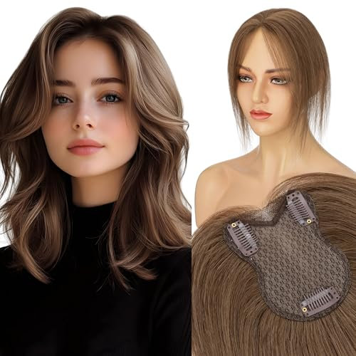 Elailite Hair Topper per Donna Capelli Veri Marrone Cioccolato 8 * 11cm Silk Lace Posticci Toupet Clip in Protesi Toupee 28cm 21g Middle Parting #4
