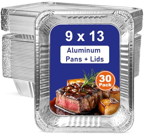 9x13 Aluminum Pans with Lids, 30 Pack Extra Heavy Duty Large Foil Pans, Disposable Aluminum Trays for Baking, Cooking, Roasting Turkey, Food Prepping