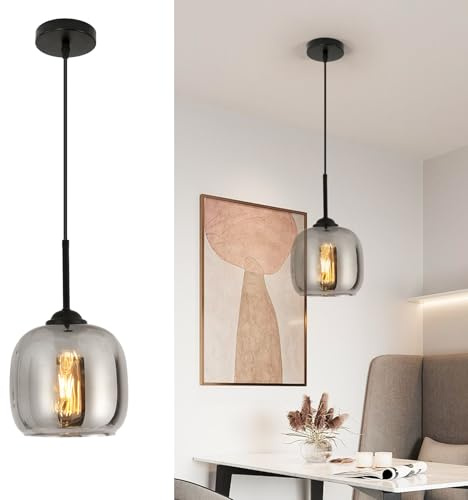 Mckalen Lampada a sospensione Moderna, Lampadario in Vetro Grigio Fumé, Filo Sospeso Regolabile, Lampadario per Cucina, Tavolo da pranzo, Camere da letto (E27, Escluse le lampadine)