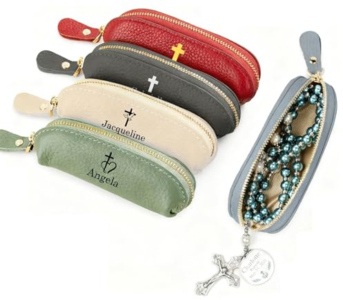 Étui à Chapelet personnalisé avec Fermeture éclair en Cuir, nom personnalisé, Croix Multicolore, Petit Porte-Chapelet de Voyage, Porte-Monnaie, Cadeau pour Femme, mère, chrétienne, catholique