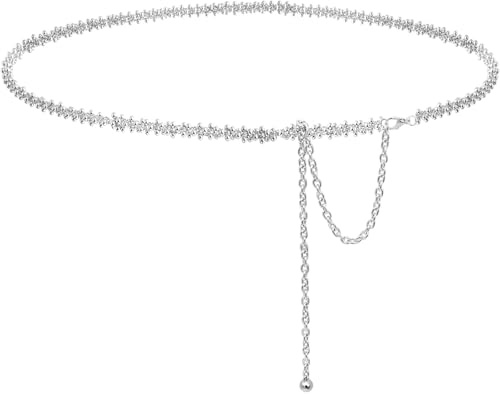HIQUACC Women's Handcrafted Alloy Beaded Waist Chain Boho Chain Belt for Dresses (Silver-M)