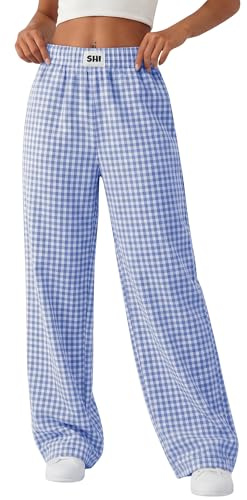 Xaatren Women's Striped Gingham Pants Straight Wide Leg Plaid Lounge Trousers Elastic Waist Baggy Thin Y2K Bottoms Pockets(Blue and White Plaid,X-Large)