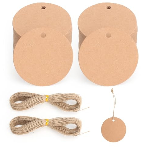 XRVRILE Lot de 200 étiquettes en papier kraft avec ficelle de jute de 40 m - Étiquettes cadeaux rondes de 5 cm - Étiquettes cadeaux pour emballage cadeau de mariage, fêtes faites à la main