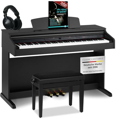 Classic Cantabile DP-50 SM E Piano Digital Piano 88 Tasten mit Hammermechanik, 14 Voices, Kopfhöreranschlüsse, USB, 3 Pedale, Notenhalter - inkl. Pianobank, Kopfhörer, Klavierschule - schwarz matt