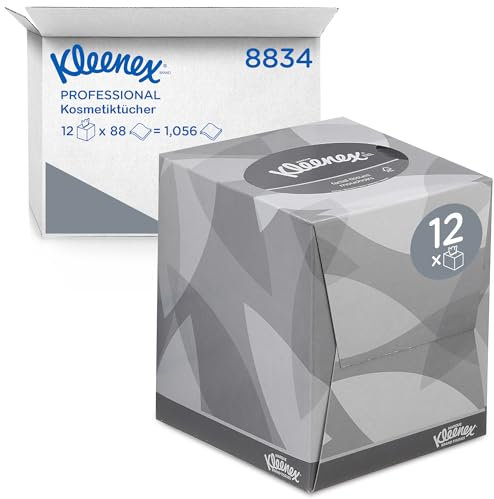 Kleenex Kosmetiktücher in Taschentücher Box 8834, 2-lagige Taschentücher mit FSC-zertifiziertem Papier, mit Schutzbalsam, weiß, parfümfrei, 12 x 88 (1.056 Papiertaschentücher)