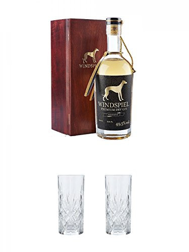 Windspiel Premium Dry Gin RESERVE 0,5 Liter 49,3% in Holzkiste + Windspiel Hi-Ball Glas 1 Stück 350 ml + Windspiel Hi-Ball Glas 1 Stück 350 ml
