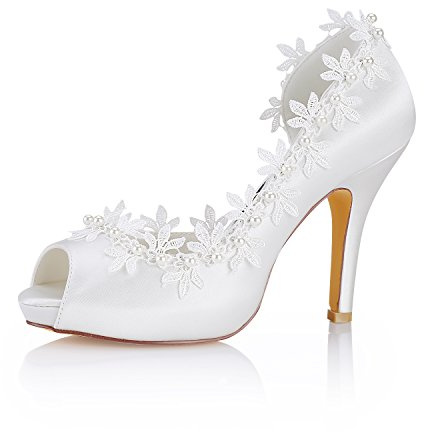 Emily Bridal Ivory Wedding Shoes Silk Peep Toe Lace Detail Bridal Shoes Women High Heels (EU39/UK6, Ivory)
