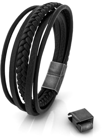 Akitsune Pax läderarmband | armsmycken kvinnor män magnetiskt armband – silver matt svart, 21 centimeters, Läder