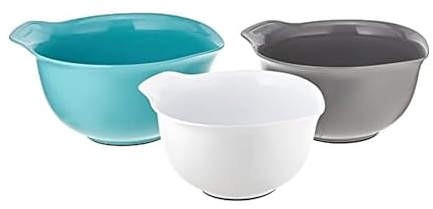 KitchenAid Universal Nesting Plastic Mixing Bowls, Set Of 3, 2.5 quart, 3.5 quart, 4.5 quart, Non Slip Base with Easy Pour Spout to Reduce Mess, Dishwasher Safe, Aqua Sky, White, Gray