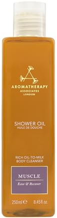 'Aromatherapy Associates De-Stress Muscle Shower Oil 250 ml. Ease & recover with our comforting, therapeutic essential oil blend of Rosemary, Ginger & Black Pepper. Luxurious oil-to-milk formula.