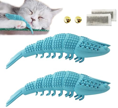 Eeaivnm Cat Toothbrush Catnip Toy,Interactive Rubber Dental Care for Pet Kitten Kitty, Crayfish-Shaped Safe Chewing Toy Tooth Cleaning Resistant Cat Toy(2 Pack)