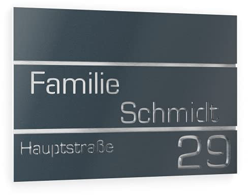 Graviers Design Hausnummer aus V2A Edelstahl 160x110mm - Anthrazit RAL 7016 - Rostfrei UV-beständig Individuell anpassbar Straße Nummer Familie Name - Made in Germany