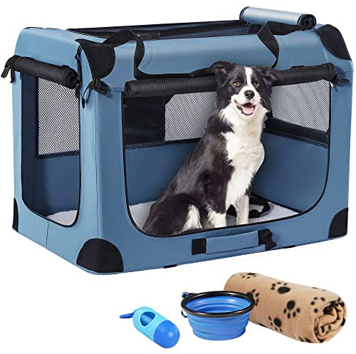 Petprsco Tragbare Hundebox, zusammenklappbare Hunde-Reisebox, 81 x 58 x 58cm, mit weicher Decke, Faltbarer Schüssel und einem Kotbeutel mit Spender für mittelgroße und große Hunde