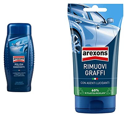 AREXONS POLISH RINNOVANTE 500 ml, Polish rimuovi graffi, opacità e righe della carrozzeria, azione detergente & RIMUOVI GRAFFI 150 gr Pasta rimuovi graffi, togli graffi auto carrozzeria