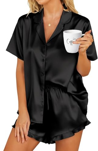 HOTOUCH Womens Satin Pajamas Set Button Down 2 Piece Ruffle Shorts Set