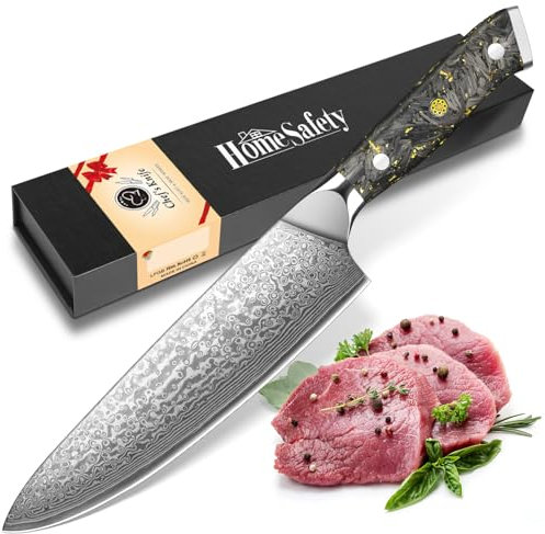 Home Safety Coltello da Cucina in Acciaio Damasco a 67 Strati, Coltello da Chef Santoku, 20 cm, Lama Affilata, Manico Ergonomico in Resina