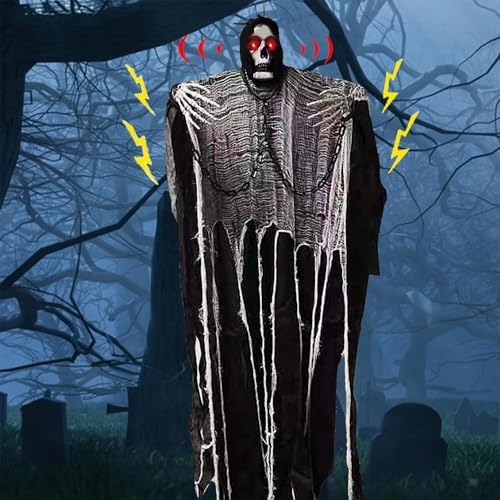 1.8M Decoración Fantasma Esqueleto de Halloween: Parca Colgante Sonora con Ojos Rojos iluminados - Accesorios Fantasmas terroríficos para Interior y Exterior