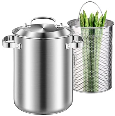 Vegetable Asparagus Pot with Removable Perforated Basket and Steel Lid - 4L Asparagus Steamer Pot Stainless Steel Spaghetti Pasta Cooker Deep Fryer Pot for French Fries, Chicken