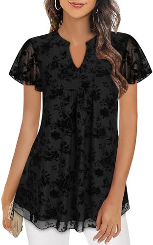 Syphiby Ladies Tops and Blouses, Short Sleeve Womens Tunic Tops Double Layers V Neck T Shirts Chiffon Top Business Casual Going Out Top Floral Mesh Shirts Summer Clothes L Multi-Black