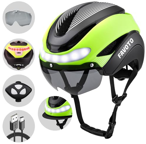 Favoto Bike Helmet with Turn Signals - CPSC Certificated Dual Shell Helmet with Removable Visor & Goggles USB Rechargeable Front and Back LED Lights, Green, Large, HT-16