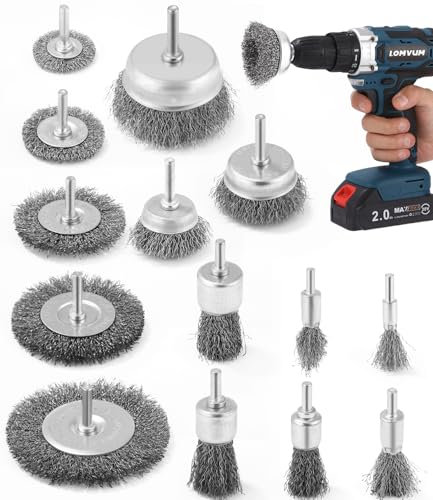 Kureny 14 Piezas Cepillo Alambre Taladro,Vástago Redondo Cepillo para Taladro 6 mm Metalico Limpieza,Cepillos Metálicos en Acero Decapante Madera y Metal,Profesionales para Pulir y Lijar