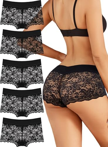 ALL OF SHE Lot de 5 Boxer Femme Culotte Dentelle Sexy Culotte Respirante Ceinture en Coton Stretch Shorty sous-Vêtements Doux L