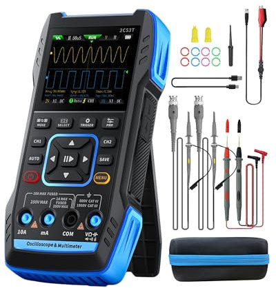 Handheld Oscilloscope Multimeter 2C53T, WapoRich 3 in 1 Oscilloscope 2 Channel with Signal Generator, 50MHz, 250 MSa/s, 13 Signal Waveforms, TRMS 19999 Counts, Cursor/X-Y/FFT Function, Online Update