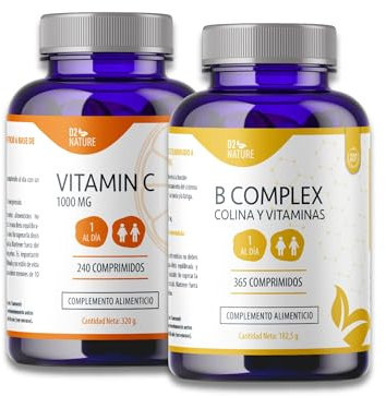 Pack Vitaminas B Complex Colina B6 B9 B12 365 Comprimidos + Vitamina C 1000mg 240 Comprimidos Veganos - Energía - Sistema Nervioso - Inmunidad - Antioxidante | D2 NATURE