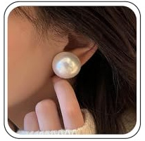 TseenYi Round Pearl Studs Earrings Big Pearl Earrings White Pearls Earring Silver Pearls Studs Earring Bridal Wedding Jewelry