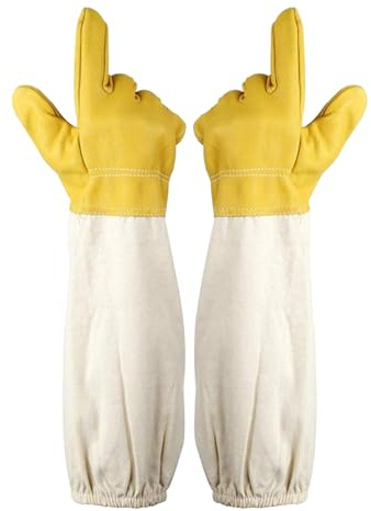 Gants d'apiculteur en cuir de chèvre - Gants d'apiculteur pour homme et femme - Résistants aux perforations - Accessoires d'apiculteur - 50 cm - Avec manches ventilées (jaune, L)
