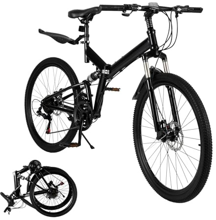 26 Inch Folding Mountain Bike 21 Speed Foldable Bicycle Adjustable Height MTB Bike Load Capacity 100Kg Dual Disc Brakes Reflector Lamp Folding Bicycle Full Suspension High Carbon Steel Mountain Bikes