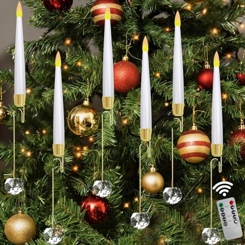 YumSur Christmas Tree Candle Lights with Crystal Ball Hooks, Flameless Flickering LED Taper Candles with Remote Control & 3 Lighting Modes, Fake Candles for Christmas Tree Home Party Decors