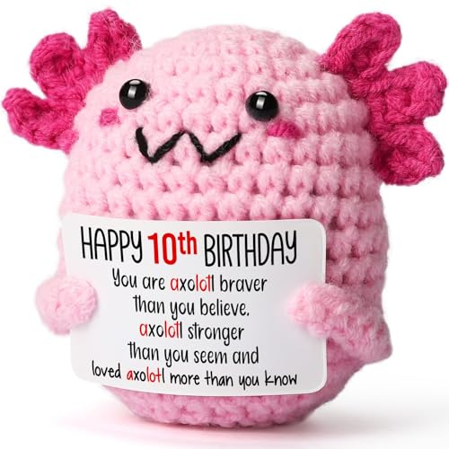WEYON 10 Year Old Girl Birthday Gift Ideas, Mini Crochet Axolotl Plush for 10th Birthday Gift for Girls, 10th Pink Decorations, 10 YO Presents Axolotl Toy