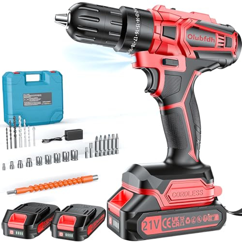 Olubfdh Taladro Percutor a Bateria 21V, Taladro Atornillador Bateria con 4000mAh Baterías, 45 Nm, 25+3 Ajuste Par (2 Velocidad y LED) Drill Adecuado para bricolaje en casa y jardín (Rojo)