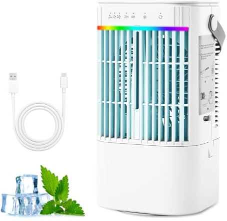 WingFly Climatizzatore portatile 3 in 1, mini condizionatore d'aria con 3 modalità di nebbia e 7 luci colorate, serbatoio dell'acqua da 900 ml e timer 2/4 ore, mini refrigeratore d'aria per casa