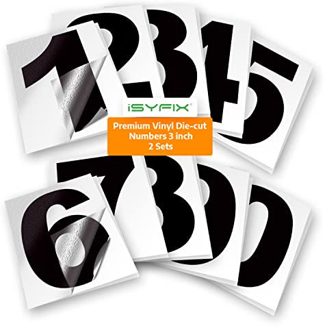 iSYFIX Black Vinyl Numbers Stickers – 3 Inch Self Adhesive (2 Sets) Premium Decal Die Cut and PreSpaced for Mailbox, Signs, Window, Door, Cars, Trucks, Homes, Businesses, Address Numbers, Indoor or